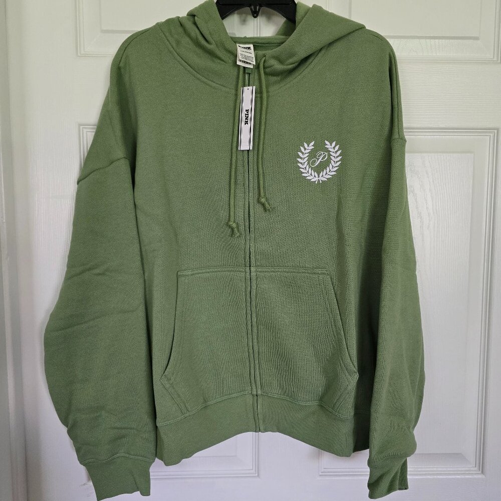 NWT VS PINK L Sage PINK logo zip up hoodie